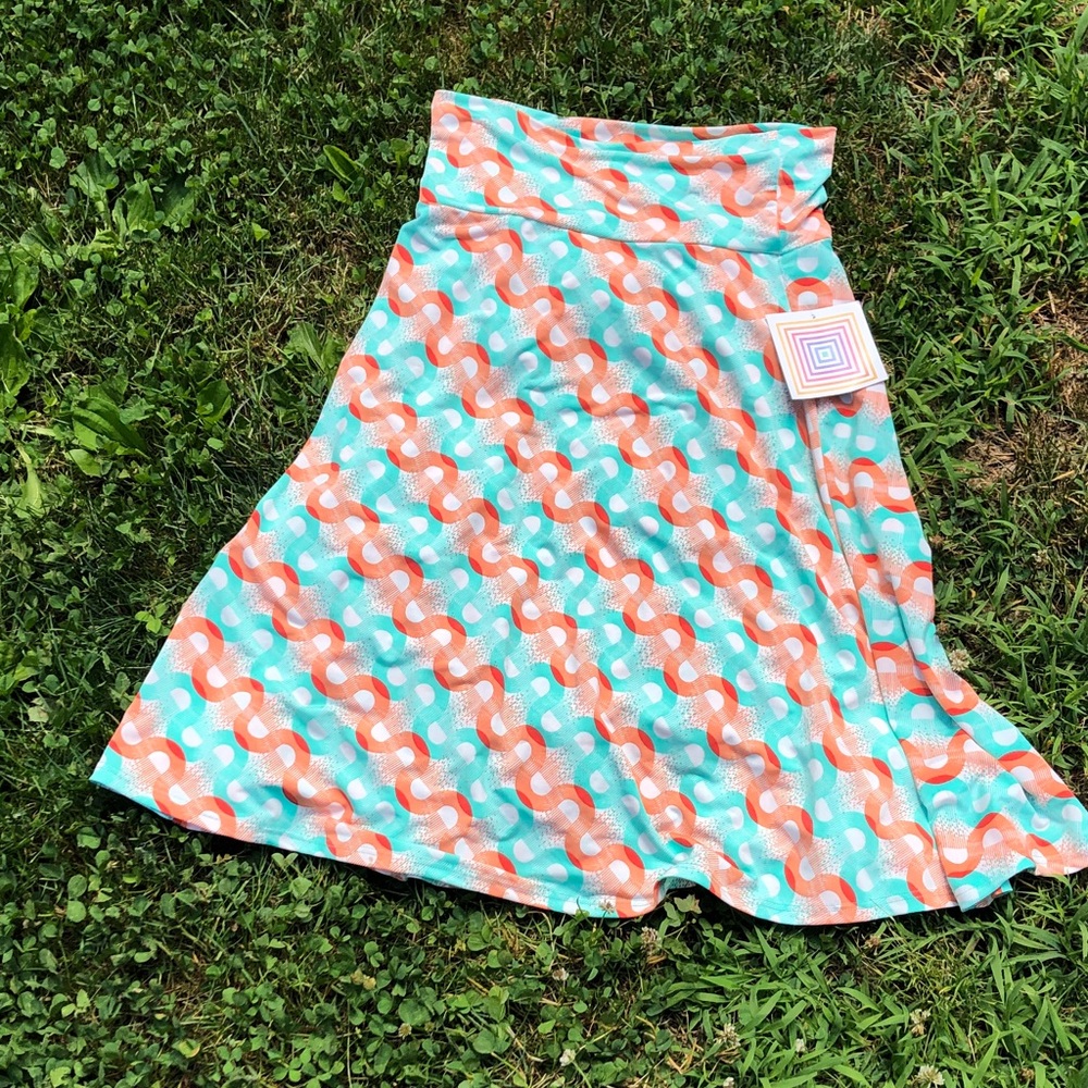LuLaRoe Turquoise and Coral Wave-Print Midi Skirt